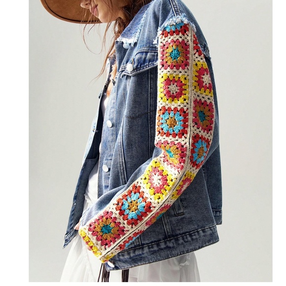 Boho Medium Wash Floral Crochet Sleeve Oversized Jean Jacket - Picture 2 of 7